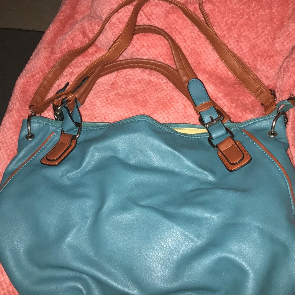 Blue and brown shoulder bag